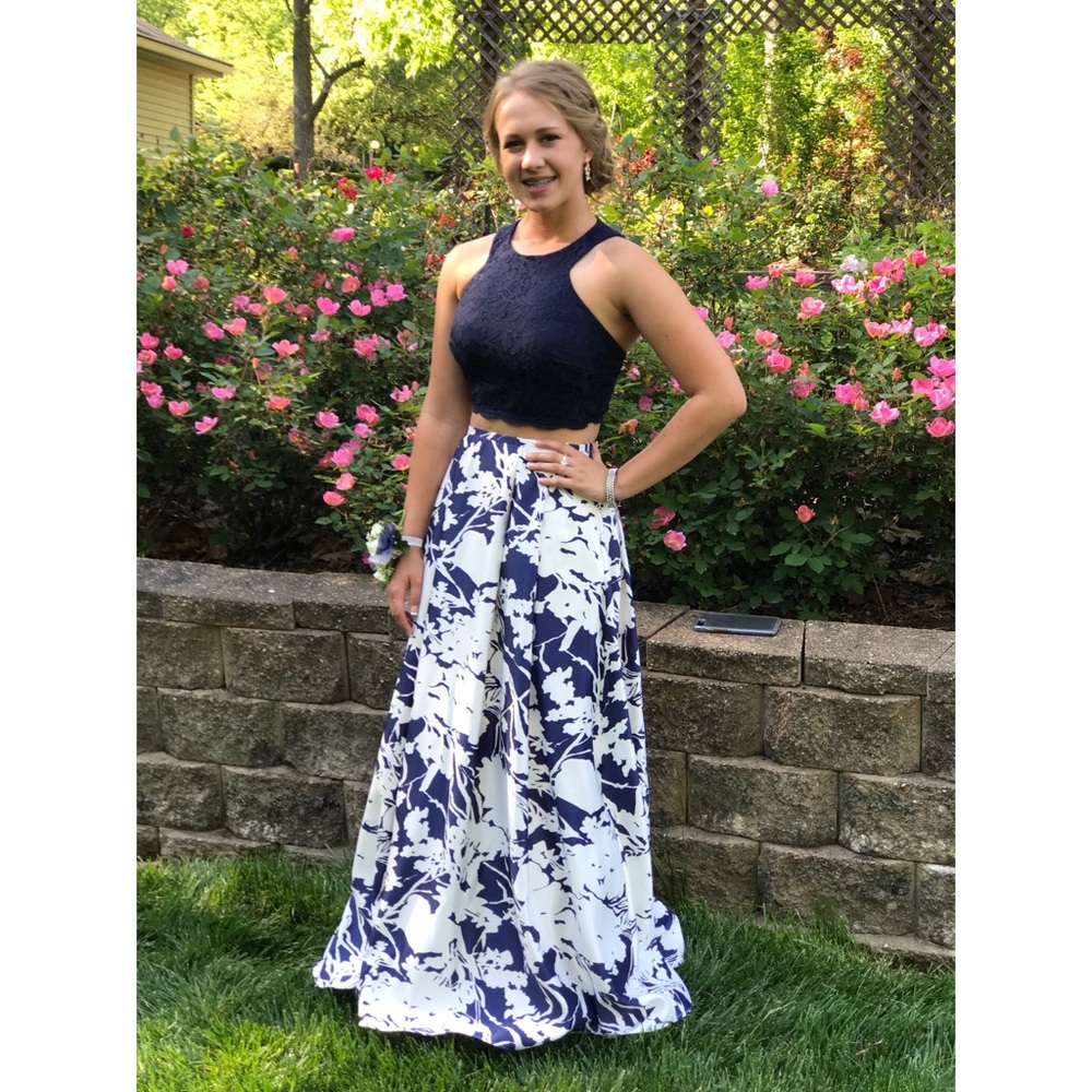 Navy Floral Two-Piece Long Prom Dress Evening Gown